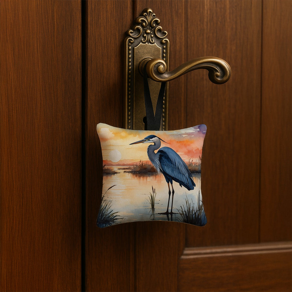 Great Blue Heron Sunset Marsh Watercolor Hanging Square Fabric Ornament 3.5 × 3.5 Decorative Door-Knob & Tree Hanger, Soft Fabric