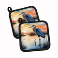 Great Blue Heron Sunset Marsh Watercolor Pot Holder Set of 2 Heat Resistant Quilted Hot Pads 7.5 x 7.5 Inch, Insulated Kitchen Trivets for Cooking & Baking