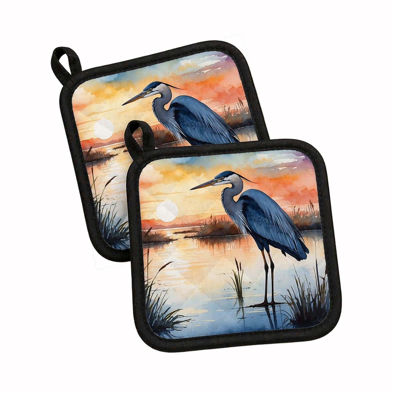 Great Blue Heron Sunset Marsh Watercolor Pot Holder Set of 2 Heat Resistant Quilted Hot Pads 7.5 x 7.5 Inch, Insulated Kitchen Trivets for Cooking & Baking