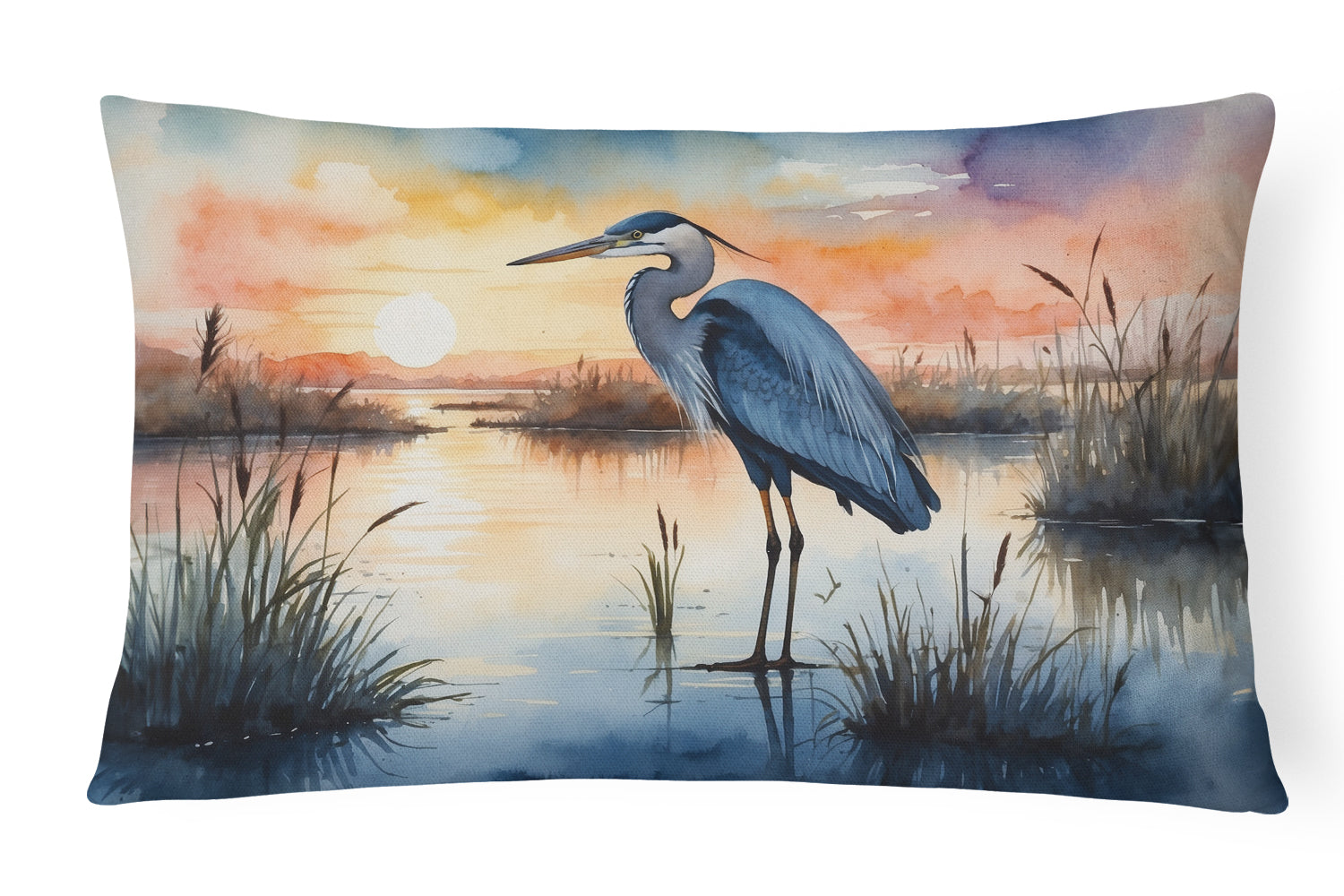 Great Blue Heron Sunset Marsh Watercolor Decorative Throw Pillow 12x16 Indoor Outdoor Accent Cushion, Fabric Cover with Insert for Sofa, Bed, Porch & Living Room