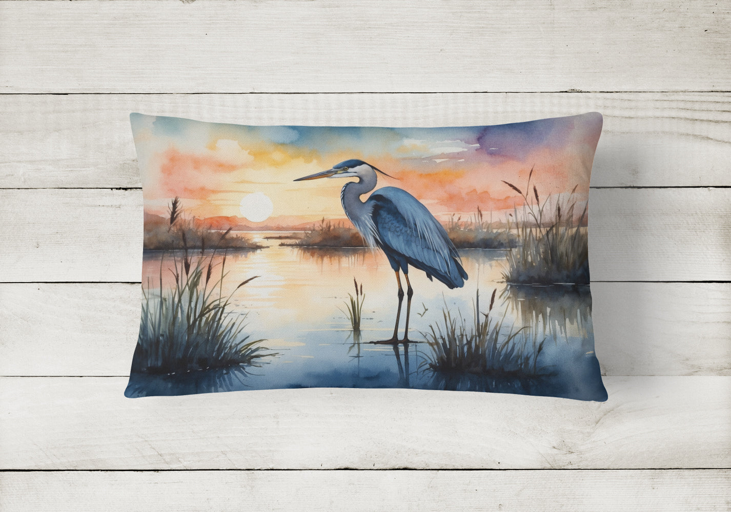 Great Blue Heron Sunset Marsh Watercolor Decorative Throw Pillow 12x16 Indoor Outdoor Accent Cushion, Fabric Cover with Insert for Sofa, Bed, Porch & Living Room