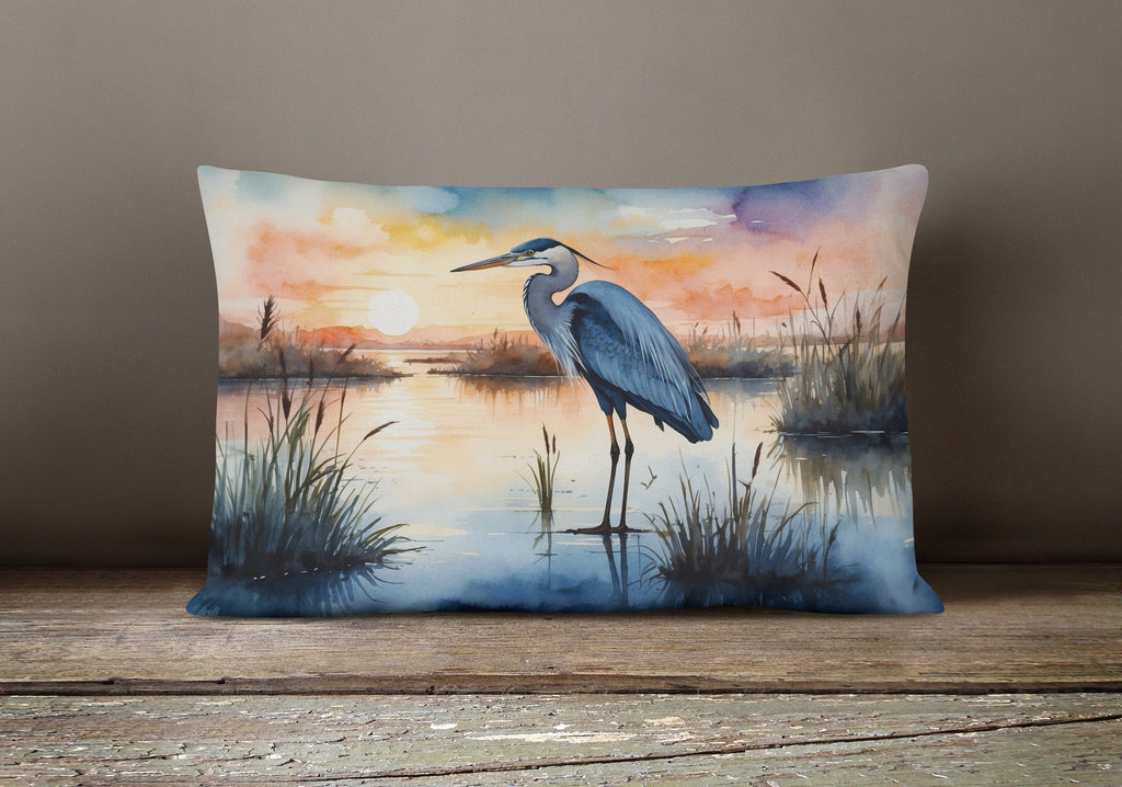 Great Blue Heron Sunset Marsh Watercolor Decorative Throw Pillow 12x16 Indoor Outdoor Accent Cushion, Fabric Cover with Insert for Sofa, Bed, Porch & Living Room