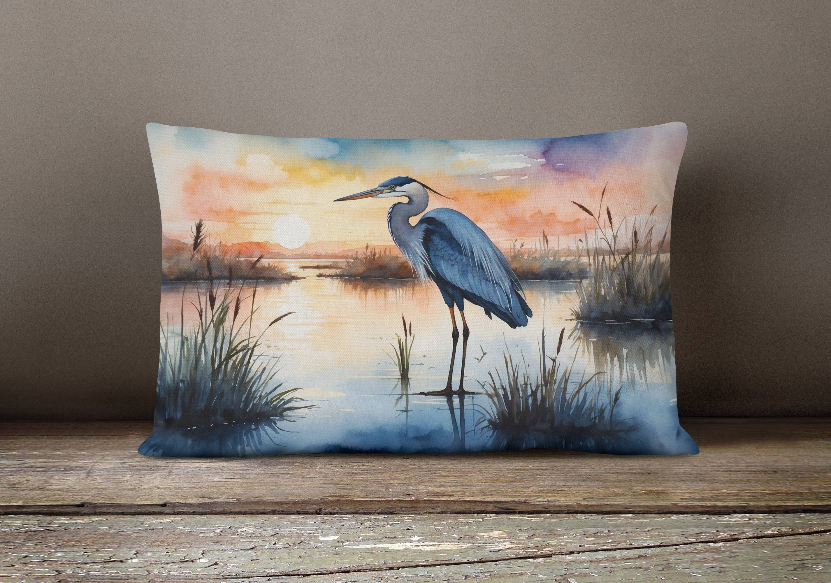 Great Blue Heron Sunset Marsh Watercolor Decorative Throw Pillow 12x16 Indoor Outdoor Accent Cushion, Fabric Cover with Insert for Sofa, Bed, Porch & Living Room