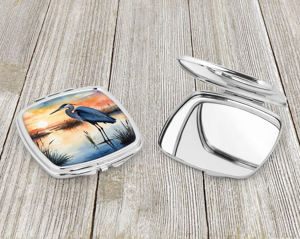 Great Blue Heron Sunset Marsh Watercolor Compact Mirror Decorative Travel Makeup Mirror for Women Girls Gifts Pocket Makeup Mirror Folding Handheld