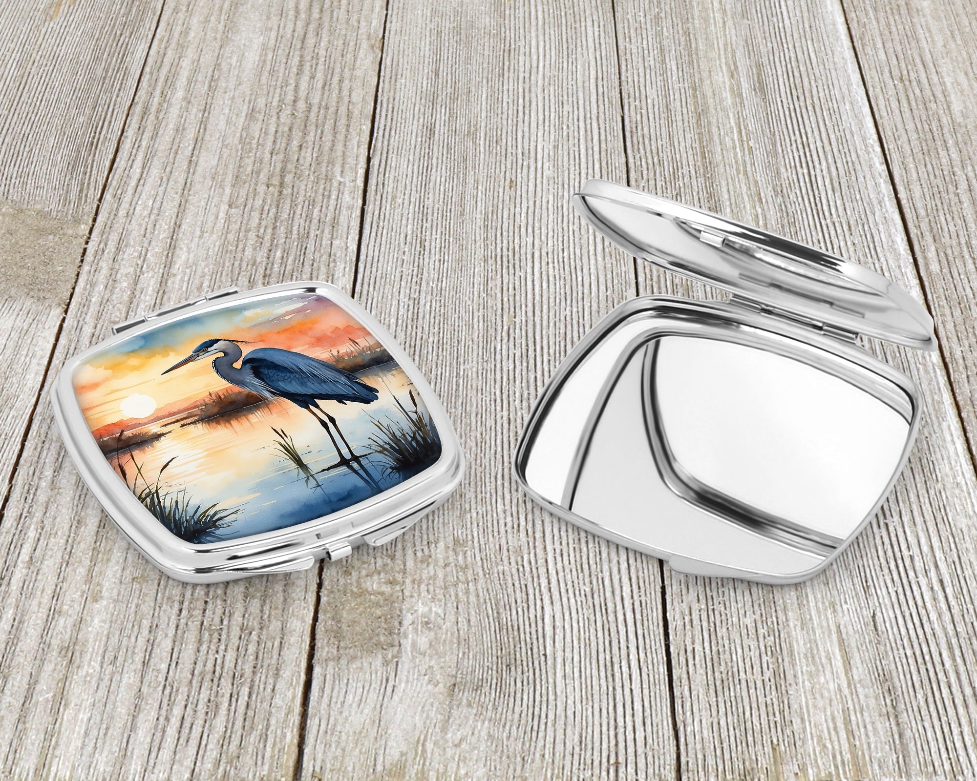 Great Blue Heron Sunset Marsh Watercolor Compact Mirror Decorative Travel Makeup Mirror for Women Girls Gifts Pocket Makeup Mirror Folding Handheld