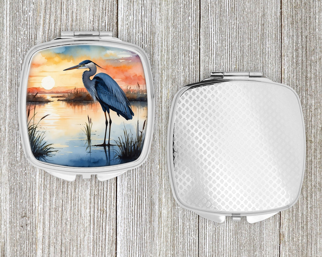 Great Blue Heron Sunset Marsh Watercolor Compact Mirror Decorative Travel Makeup Mirror for Women Girls Gifts Pocket Makeup Mirror Folding Handheld
