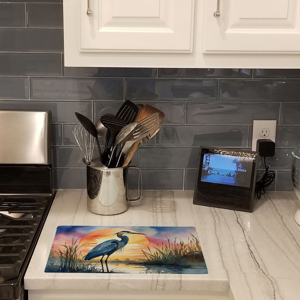 Great Blue Heron Bold Sunset Watercolor Cutting Board Tempered Glass Kitchen Cutting Surface, Heat Resistant Chopping, Non-Slip Feet, Food Prep & Serving