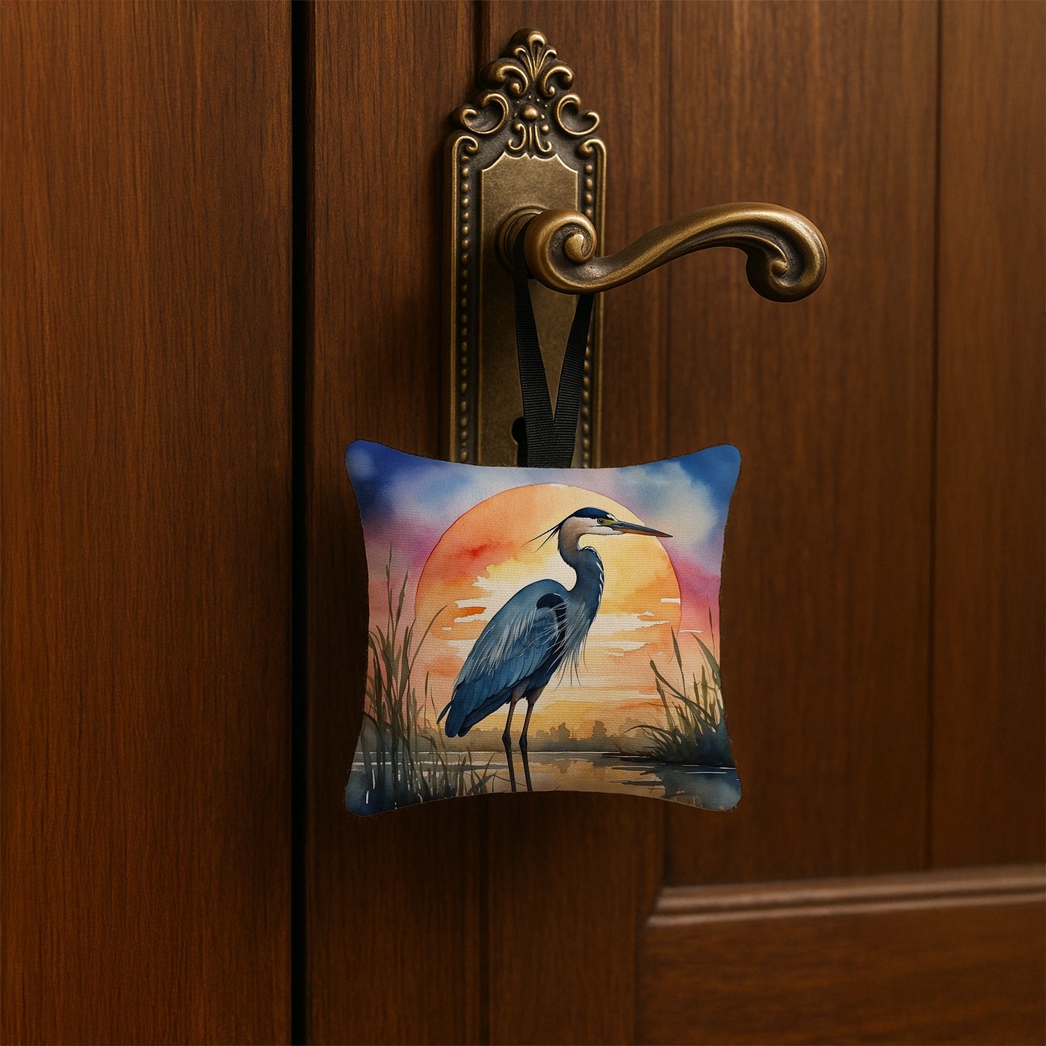 Great Blue Heron Bold Sunset Watercolor Hanging Square Fabric Ornament 3.5 × 3.5 Decorative Door-Knob & Tree Hanger, Soft Fabric