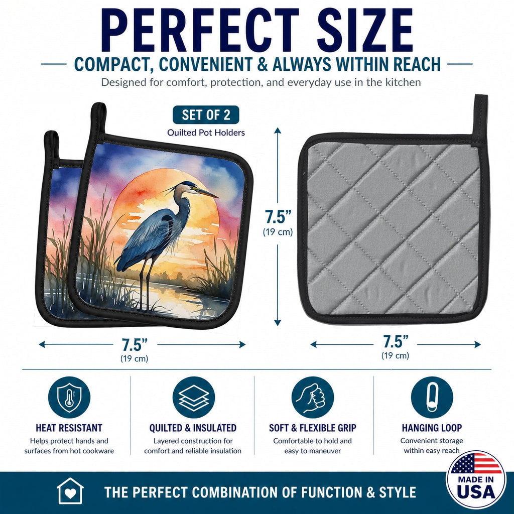 Great Blue Heron Bold Sunset Watercolor Pot Holder Set of 2 Heat Resistant Quilted Hot Pads 7.5 x 7.5 Inch, Insulated Kitchen Trivets for Cooking & Baking
