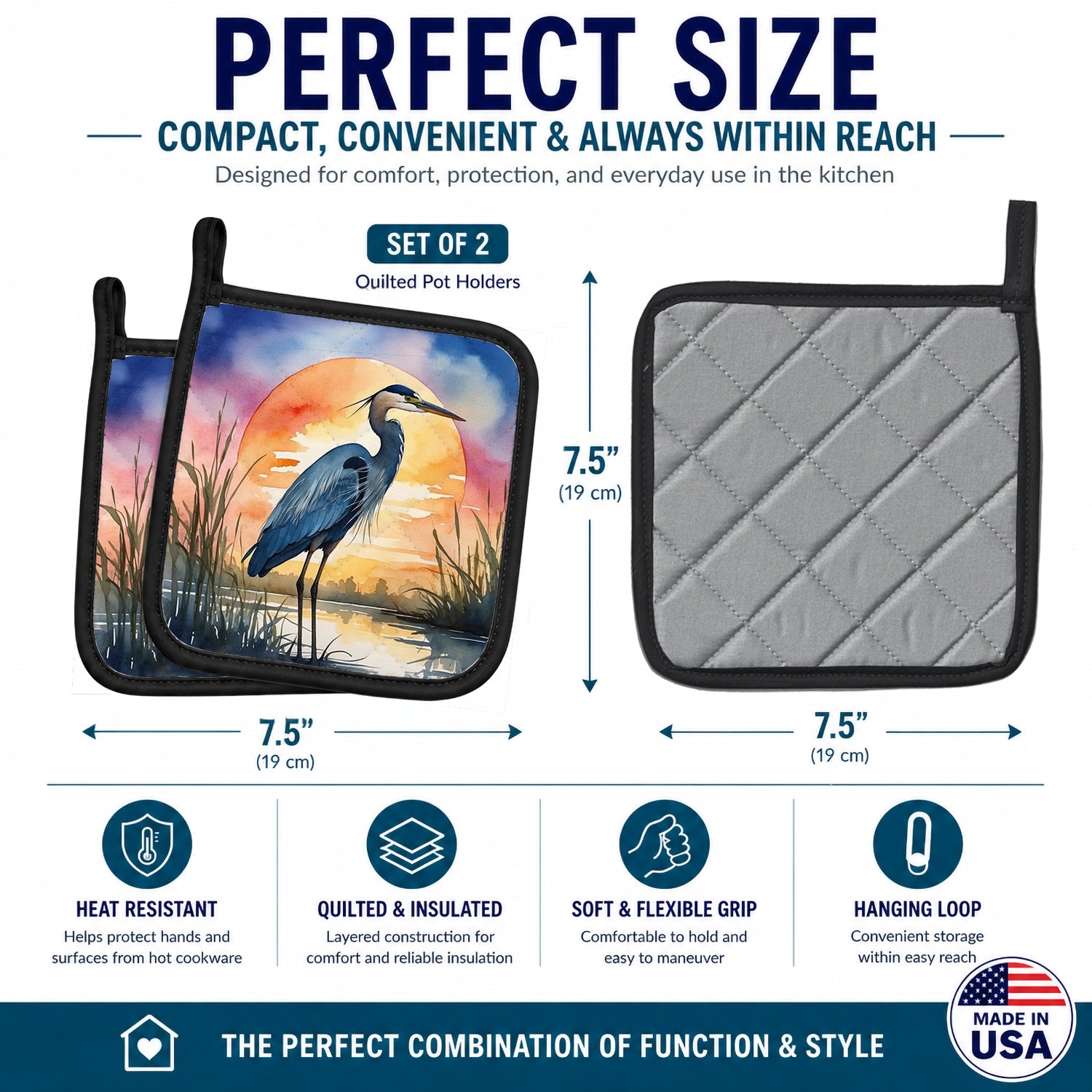 Great Blue Heron Bold Sunset Watercolor Pot Holder Set of 2 Heat Resistant Quilted Hot Pads 7.5 x 7.5 Inch, Insulated Kitchen Trivets for Cooking & Baking