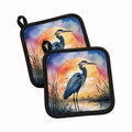 Great Blue Heron Bold Sunset Watercolor Pot Holder Set of 2 Heat Resistant Quilted Hot Pads 7.5 x 7.5 Inch, Insulated Kitchen Trivets for Cooking & Baking