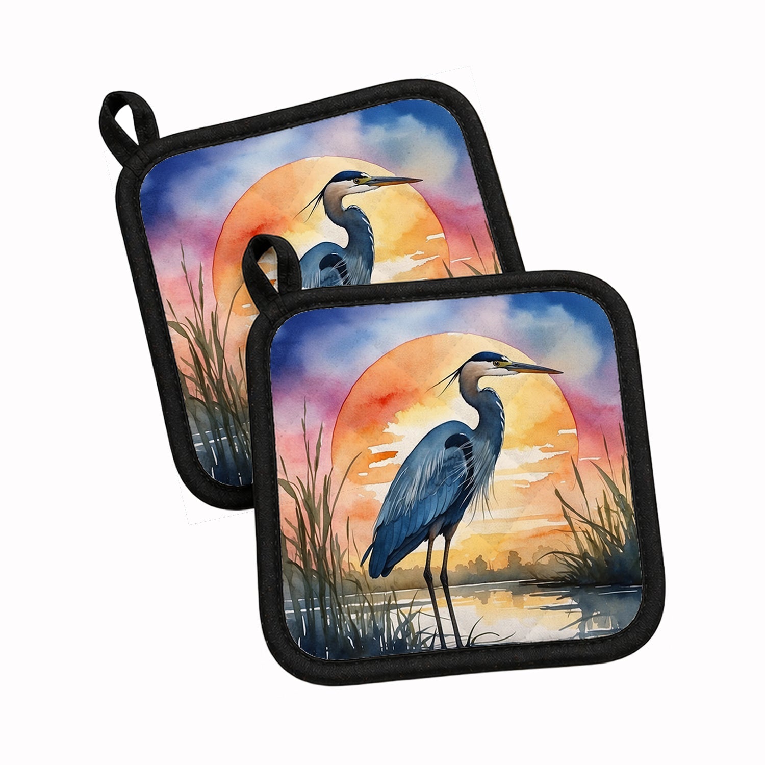 Great Blue Heron Bold Sunset Watercolor Pot Holder Set of 2 Heat Resistant Quilted Hot Pads 7.5 x 7.5 Inch, Insulated Kitchen Trivets for Cooking & Baking