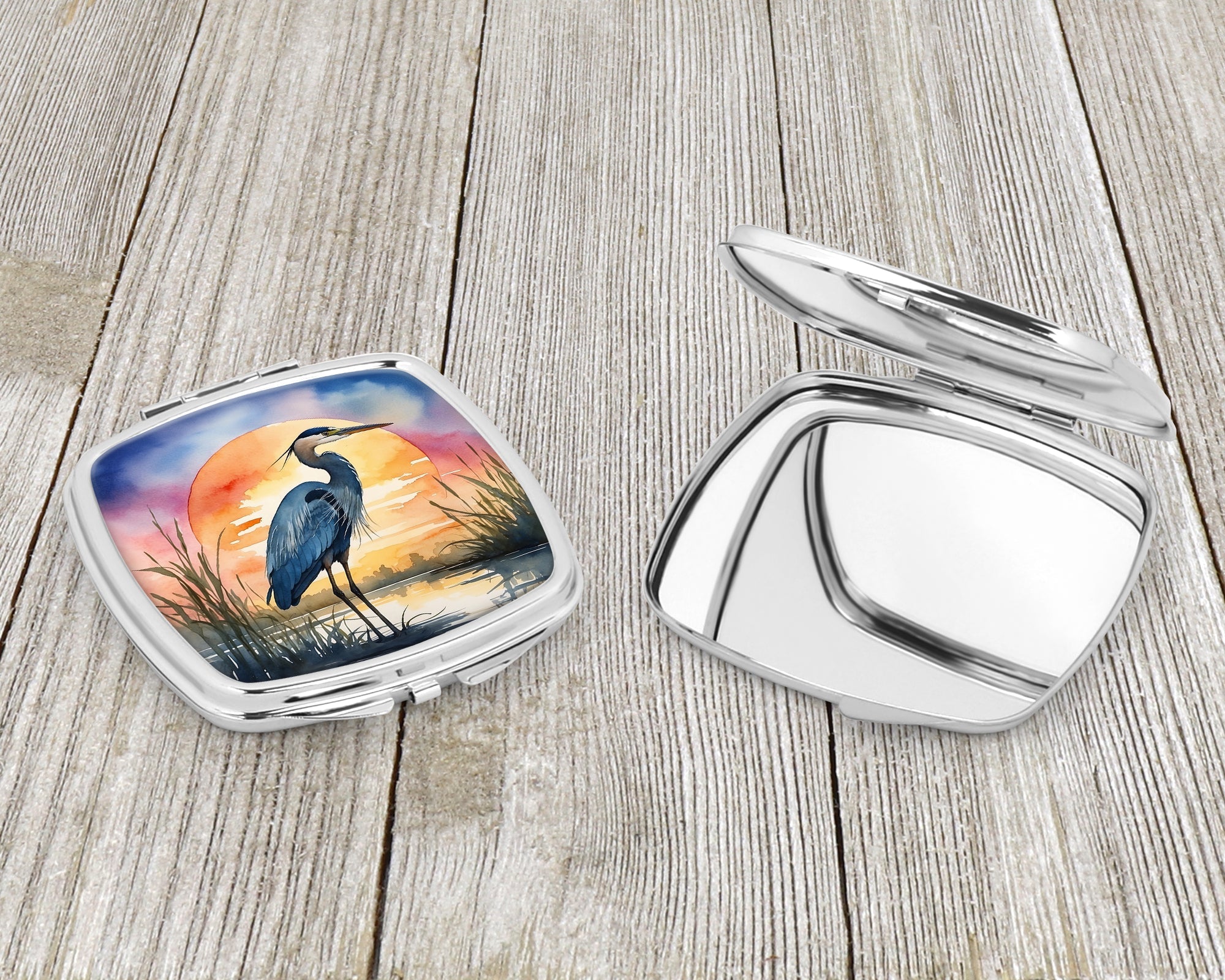 Great Blue Heron Bold Sunset Watercolor Compact Mirror Decorative Travel Makeup Mirror for Women Girls Gifts Pocket Makeup Mirror Folding Handheld