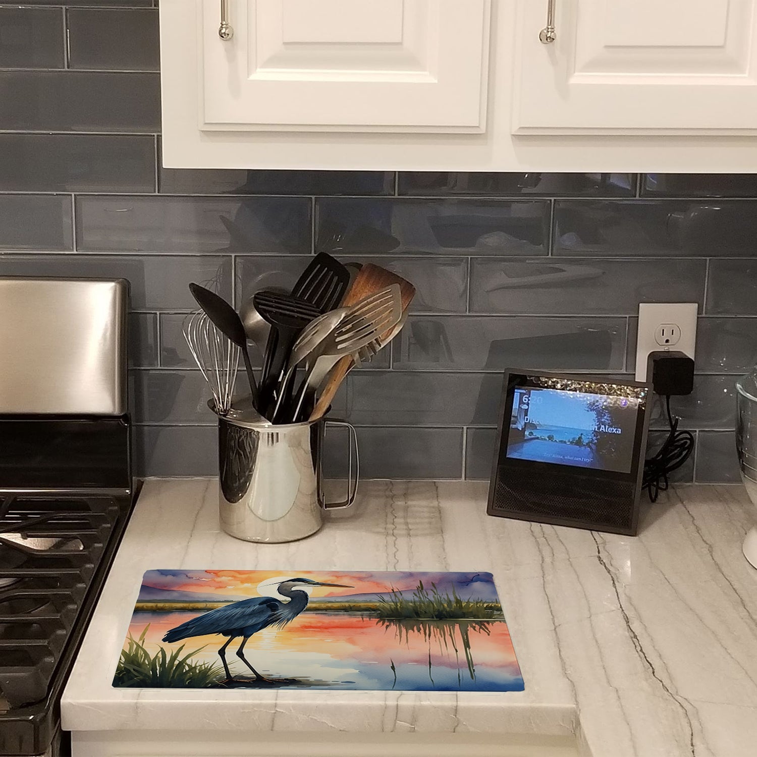 Great Blue Heron Evening Reflection Watercolor Cutting Board Tempered Glass Kitchen Cutting Surface, Heat Resistant Chopping, Non-Slip Feet, Food Prep & Serving