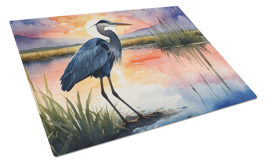 Great Blue Heron Evening Reflection Watercolor Cutting Board Tempered Glass Kitchen Cutting Surface, Heat Resistant Chopping, Non-Slip Feet, Food Prep & Serving