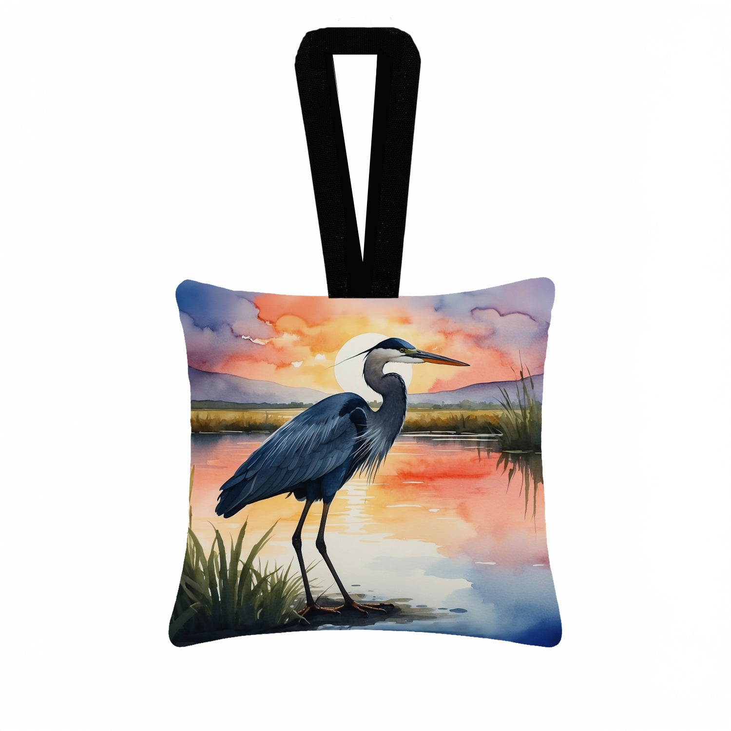 Great Blue Heron Evening Reflection Watercolor Hanging Square Fabric Ornament 3.5 × 3.5 Decorative Door-Knob & Tree Hanger, Soft Fabric