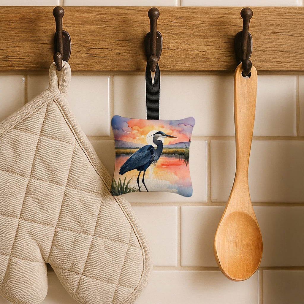 Great Blue Heron Evening Reflection Watercolor Hanging Square Fabric Ornament 3.5 × 3.5 Decorative Door-Knob & Tree Hanger, Soft Fabric