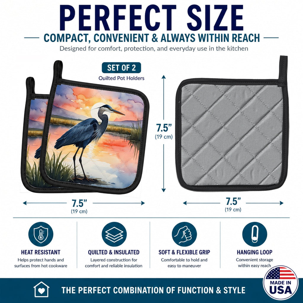 Great Blue Heron Evening Reflection Watercolor Pot Holder Set of 2 Heat Resistant Quilted Hot Pads 7.5 x 7.5 Inch, Insulated Kitchen Trivets for Cooking & Baking