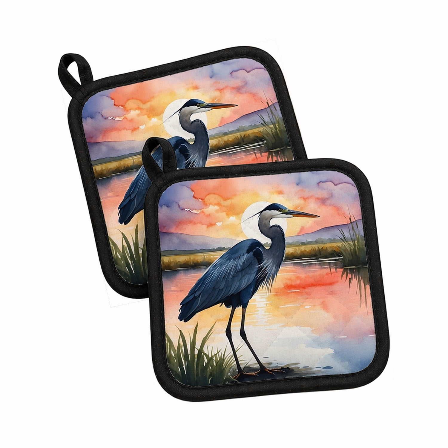 Great Blue Heron Evening Reflection Watercolor Pot Holder Set of 2 Heat Resistant Quilted Hot Pads 7.5 x 7.5 Inch, Insulated Kitchen Trivets for Cooking & Baking
