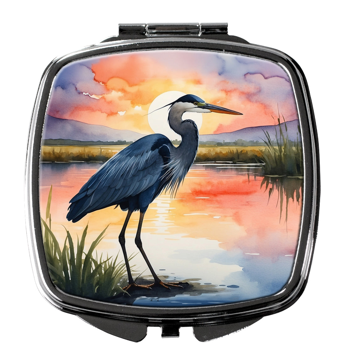 Great Blue Heron Evening Reflection Watercolor Compact Mirror Decorative Travel Makeup Mirror for Women Girls Gifts Pocket Makeup Mirror Folding Handheld