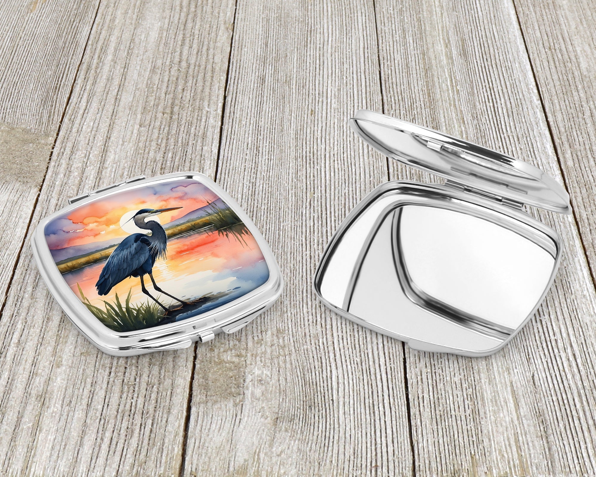 Great Blue Heron Evening Reflection Watercolor Compact Mirror Decorative Travel Makeup Mirror for Women Girls Gifts Pocket Makeup Mirror Folding Handheld