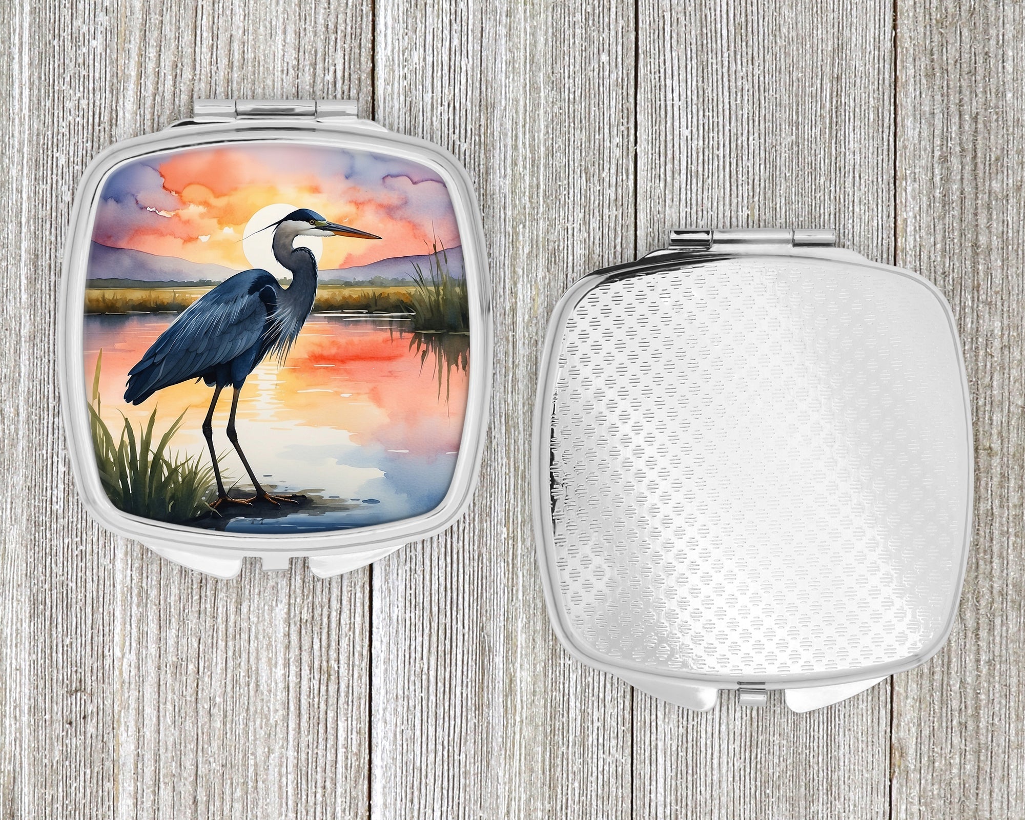 Great Blue Heron Evening Reflection Watercolor Compact Mirror Decorative Travel Makeup Mirror for Women Girls Gifts Pocket Makeup Mirror Folding Handheld