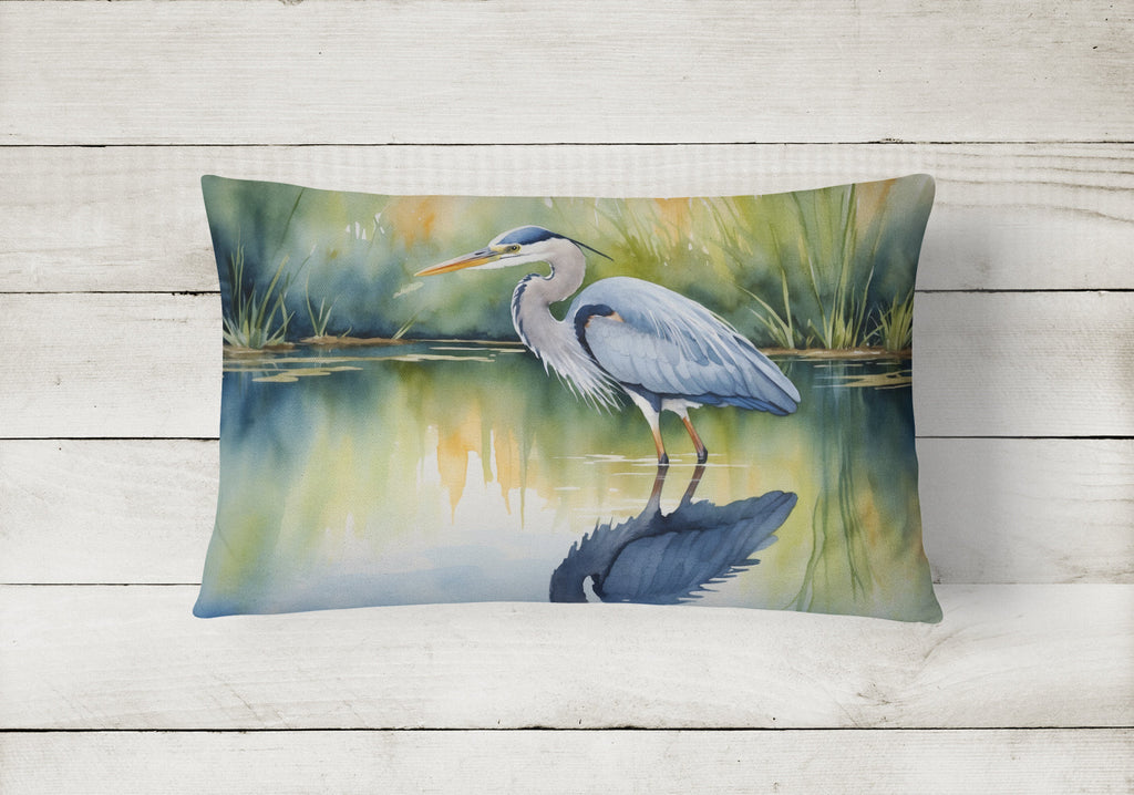Great Blue Heron Green Marsh Watercolor Decorative Throw Pillow 12x16 Indoor Outdoor Accent Cushion, Fabric Cover with Insert for Sofa, Bed, Porch & Living Room