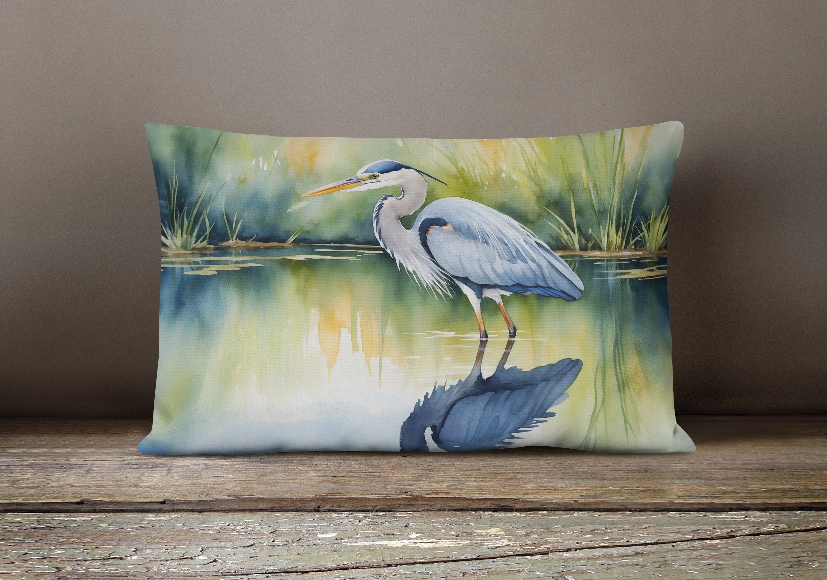 Great Blue Heron Green Marsh Watercolor Decorative Throw Pillow 12x16 Indoor Outdoor Accent Cushion, Fabric Cover with Insert for Sofa, Bed, Porch & Living Room