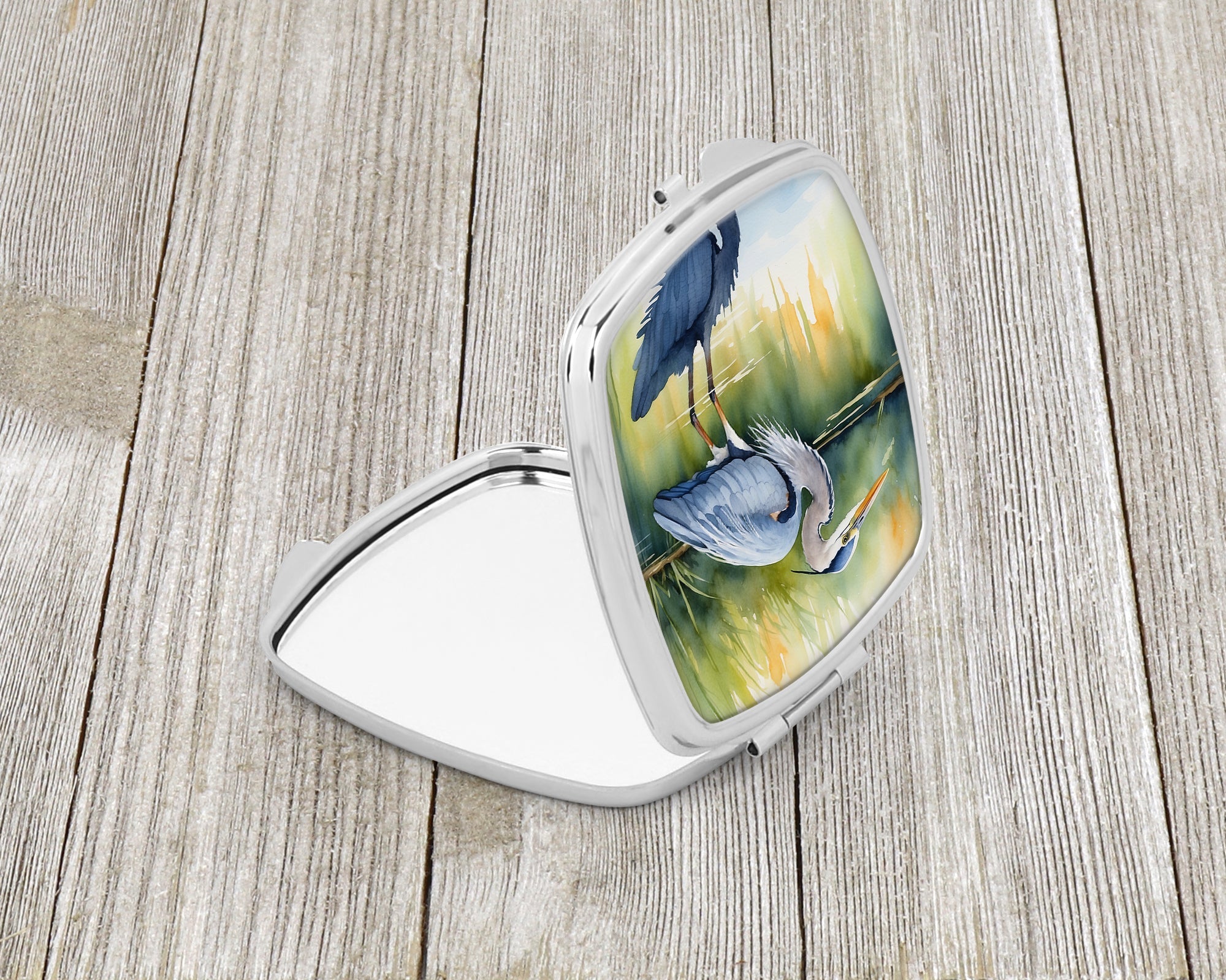 Great Blue Heron Green Marsh Watercolor Compact Mirror Decorative Travel Makeup Mirror for Women Girls Gifts Pocket Makeup Mirror Folding Handheld
