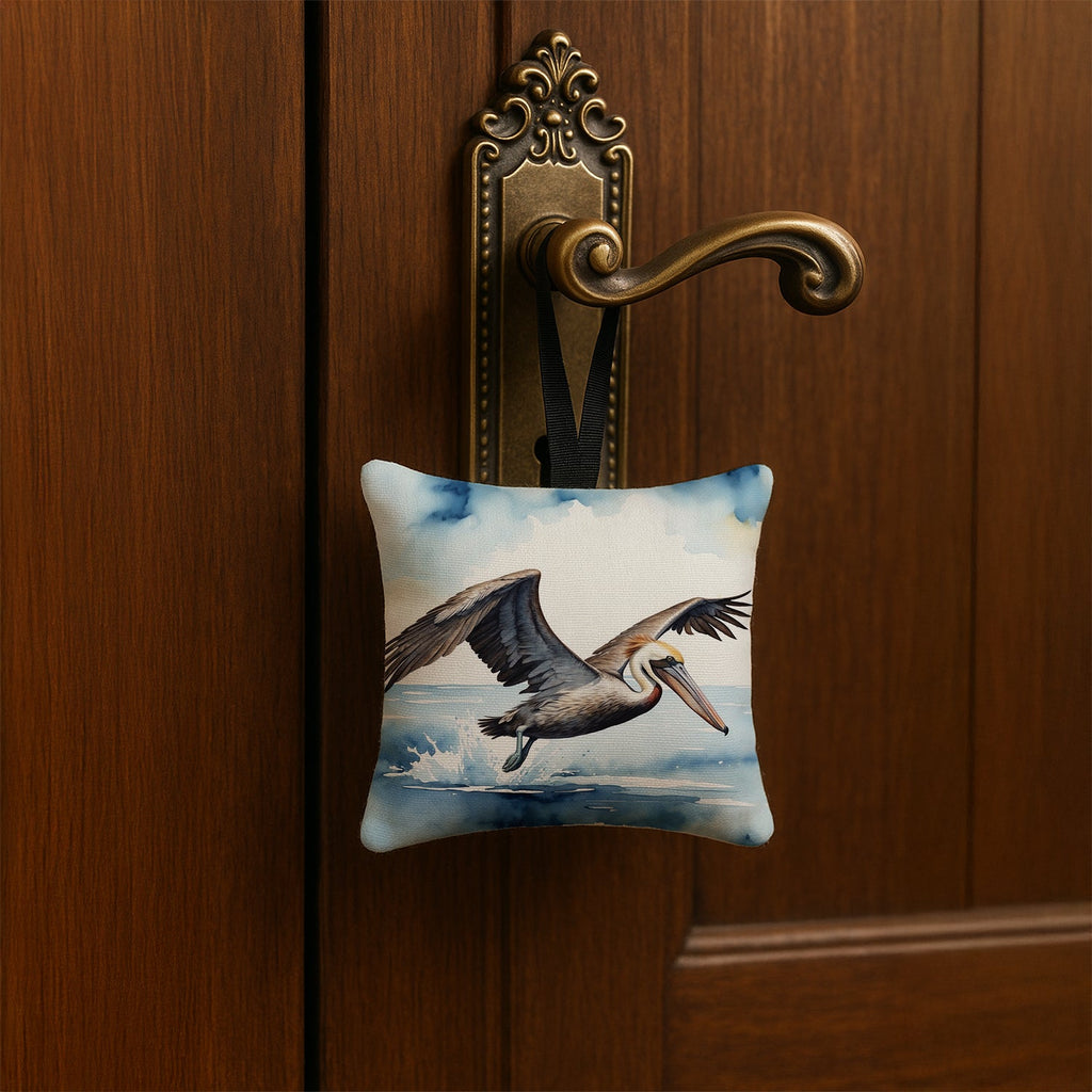 Pelican Flying Over Ocean Watercolor Hanging Square Fabric Ornament 3.5 × 3.5 Decorative Door-Knob & Tree Hanger, Soft Fabric