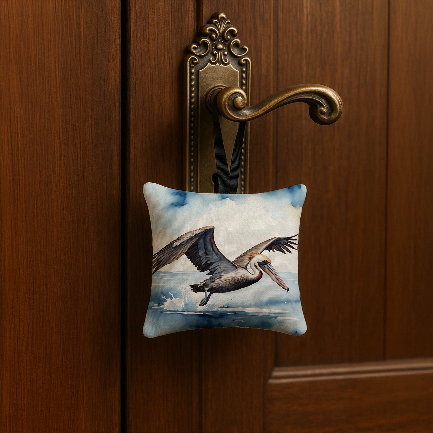 Pelican Flying Over Ocean Watercolor Hanging Square Fabric Ornament 3.5 × 3.5 Decorative Door-Knob & Tree Hanger, Soft Fabric