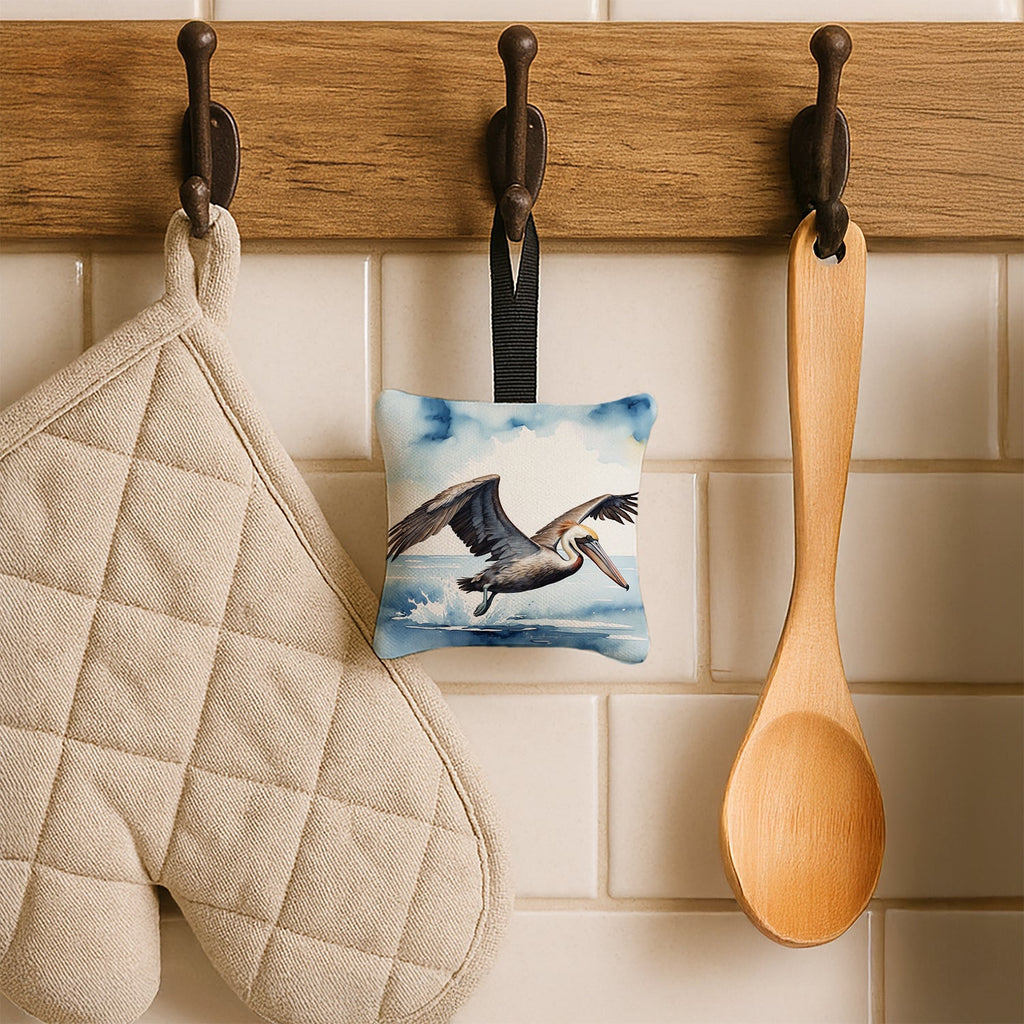 Pelican Flying Over Ocean Watercolor Hanging Square Fabric Ornament 3.5 × 3.5 Decorative Door-Knob & Tree Hanger, Soft Fabric