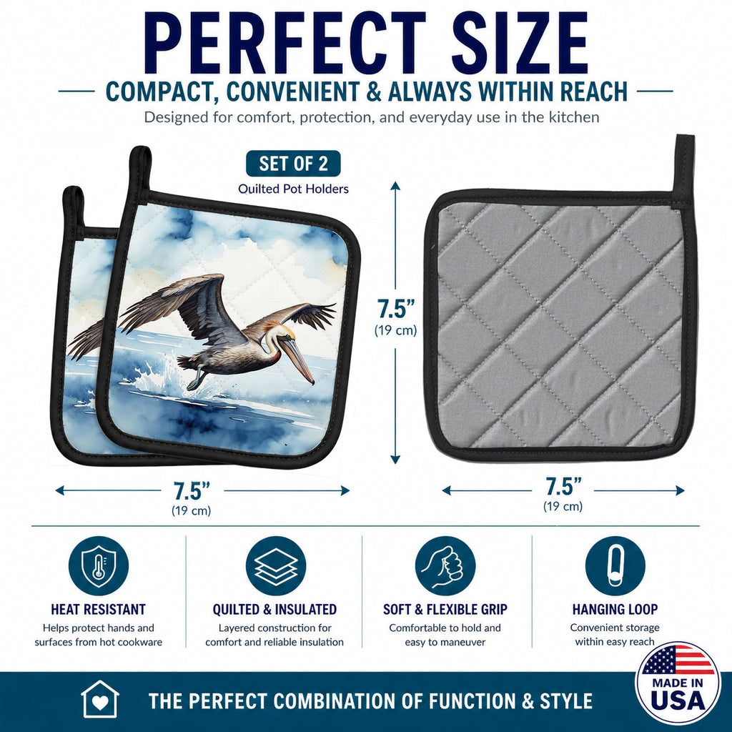 Pelican Flying Over Ocean Watercolor Pot Holder Set of 2 Heat Resistant Quilted Hot Pads 7.5 x 7.5 Inch, Insulated Kitchen Trivets for Cooking & Baking