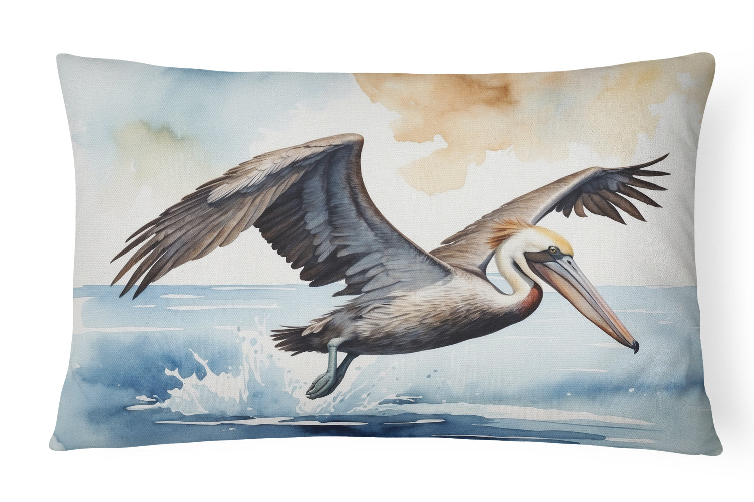 Pelican Flying Over Ocean Watercolor Decorative Throw Pillow 12x16 Indoor Outdoor Accent Cushion, Fabric Cover with Insert for Sofa, Bed, Porch & Living Room