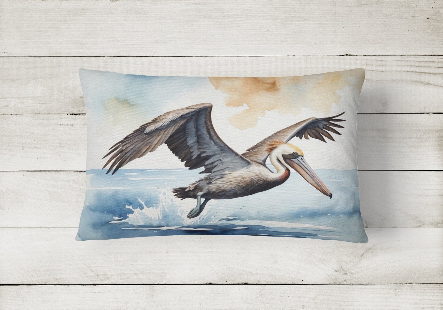 Pelican Flying Over Ocean Watercolor Decorative Throw Pillow 12x16 Indoor Outdoor Accent Cushion, Fabric Cover with Insert for Sofa, Bed, Porch & Living Room