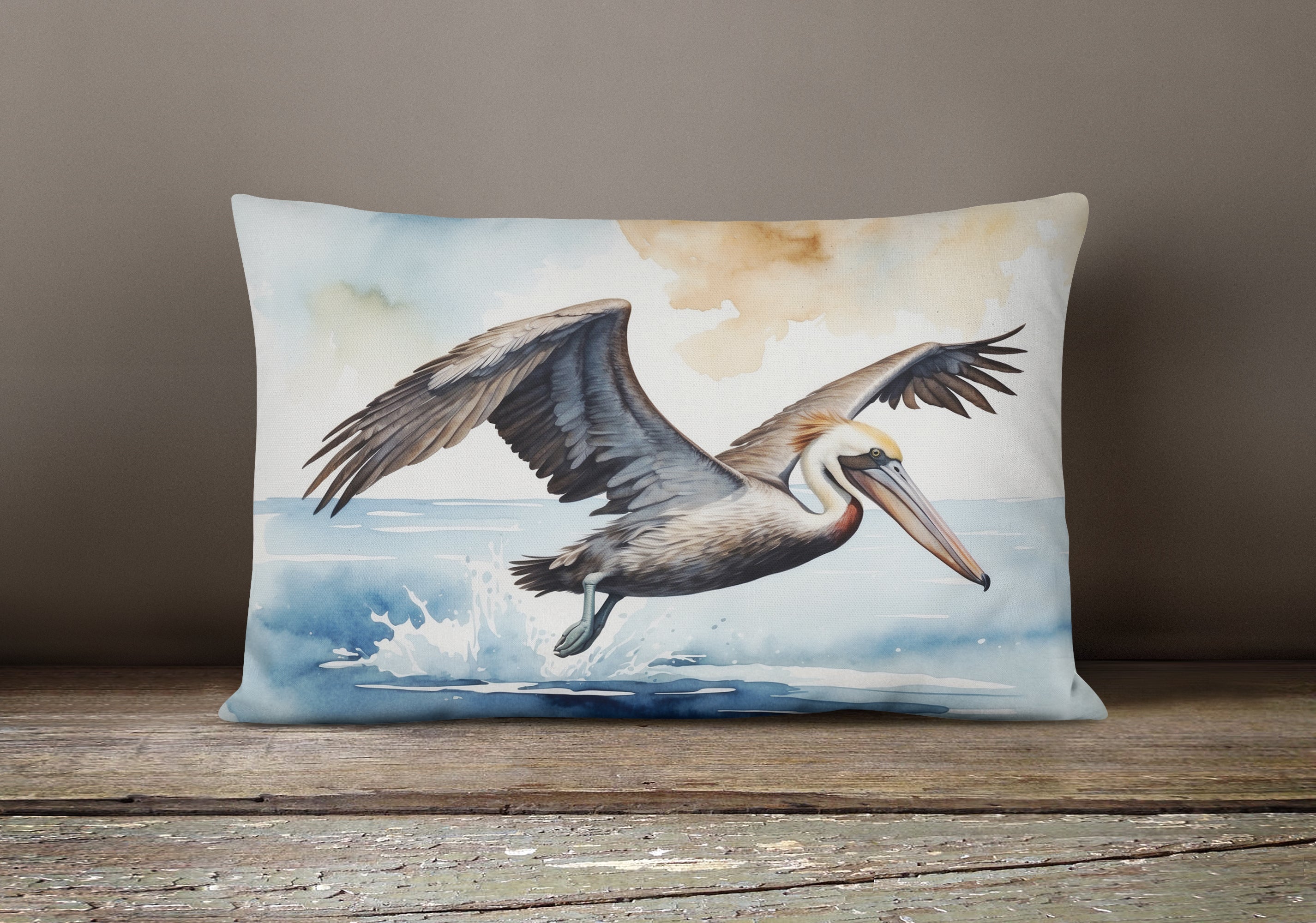 Pelican Flying Over Ocean Watercolor Decorative Throw Pillow 12x16 Indoor Outdoor Accent Cushion, Fabric Cover with Insert for Sofa, Bed, Porch & Living Room