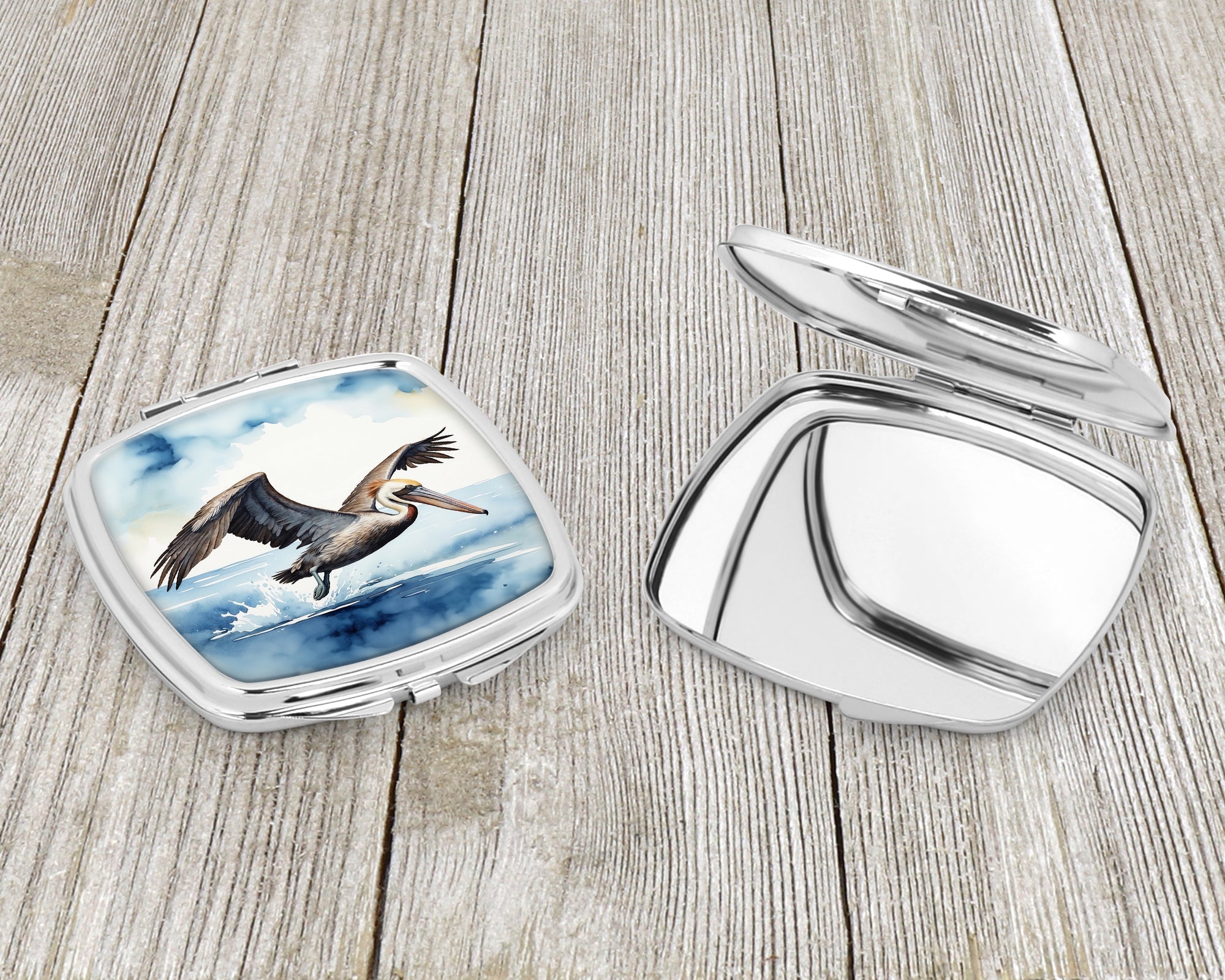 Pelican Flying Over Ocean Watercolor Compact Mirror Decorative Travel Makeup Mirror for Women Girls Gifts Pocket Makeup Mirror Folding Handheld