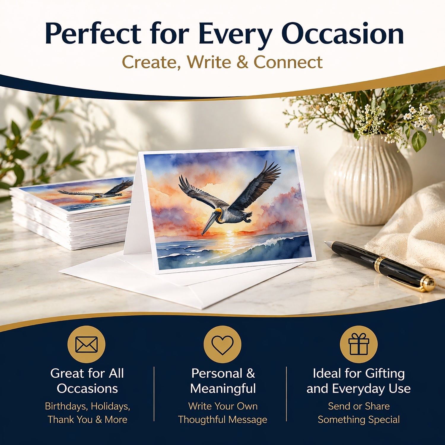 Pelican Sunset Flight Ocean Watercolor Greeting Cards Pack of 8 Blank Cards with Envelopes Whimsical A7 Size 5x7
