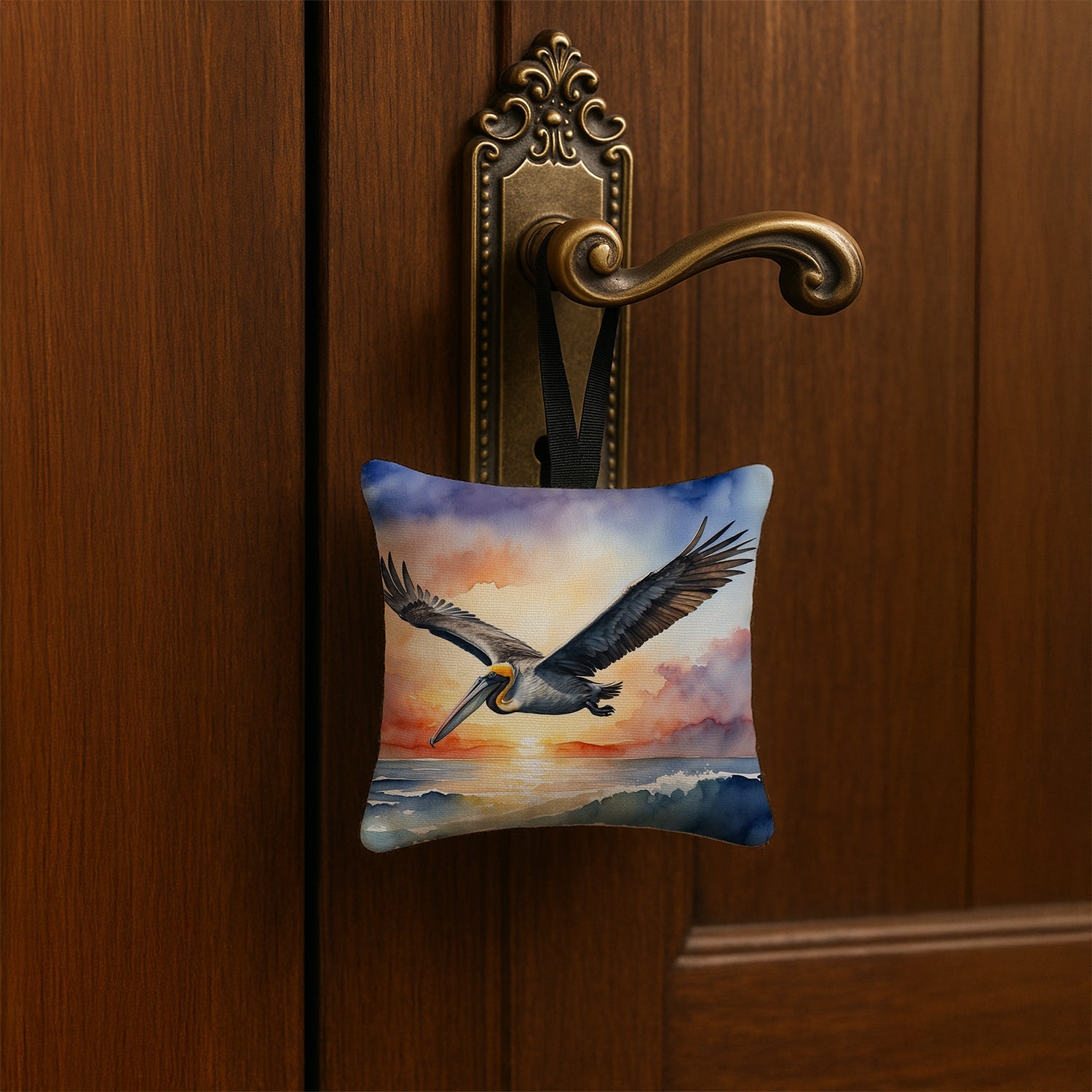 Pelican Sunset Flight Ocean Watercolor Hanging Square Fabric Ornament 3.5 × 3.5 Decorative Door-Knob & Tree Hanger, Soft Fabric