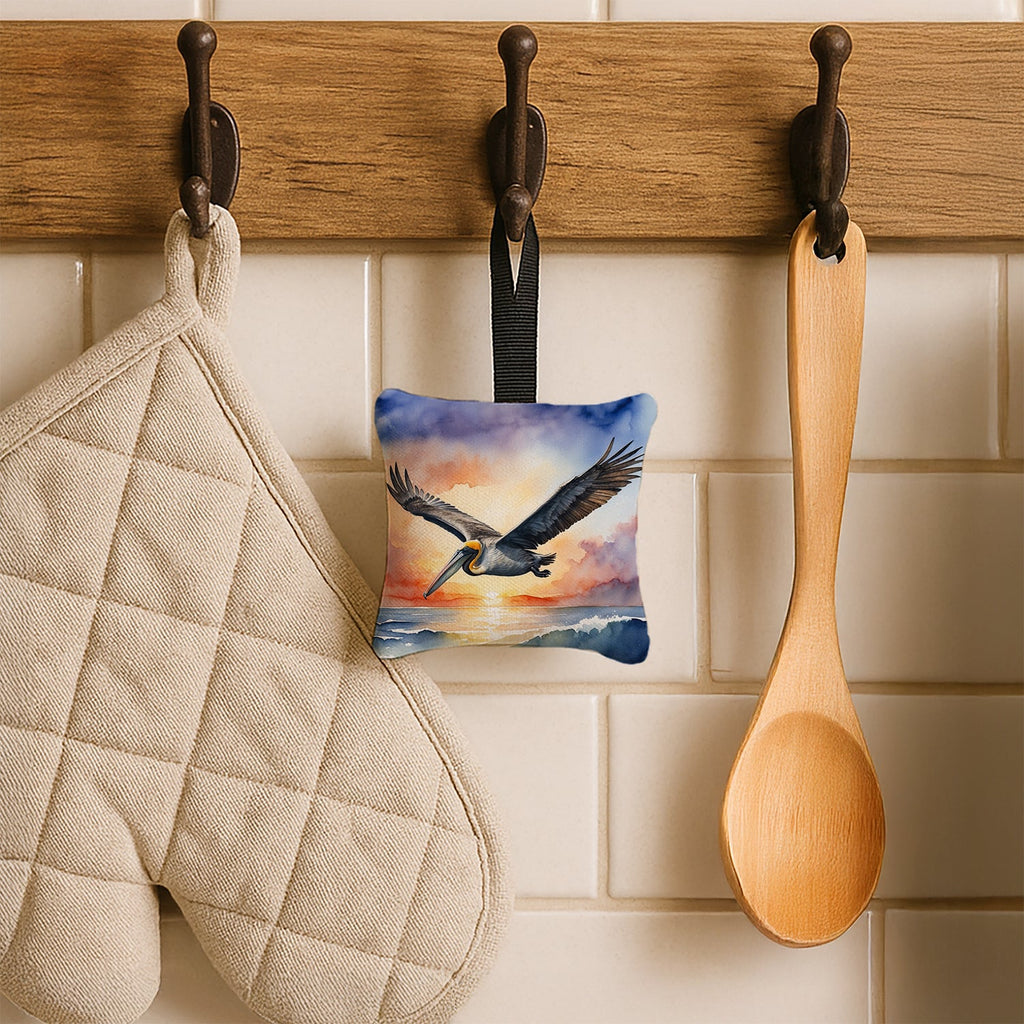 Pelican Sunset Flight Ocean Watercolor Hanging Square Fabric Ornament 3.5 × 3.5 Decorative Door-Knob & Tree Hanger, Soft Fabric