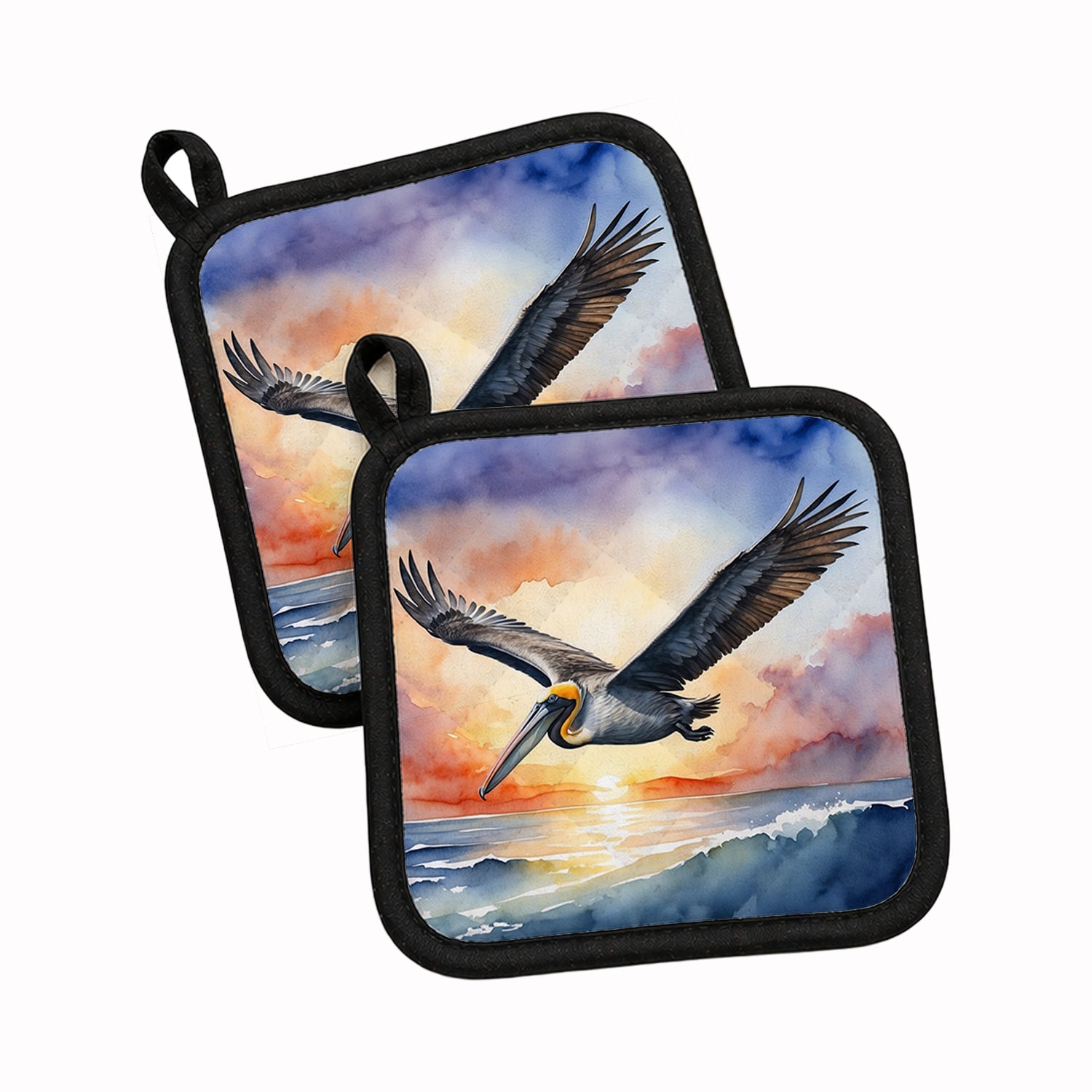 Pelican Sunset Flight Ocean Watercolor Pot Holder Set of 2 Heat Resistant Quilted Hot Pads 7.5 x 7.5 Inch, Insulated Kitchen Trivets for Cooking & Baking