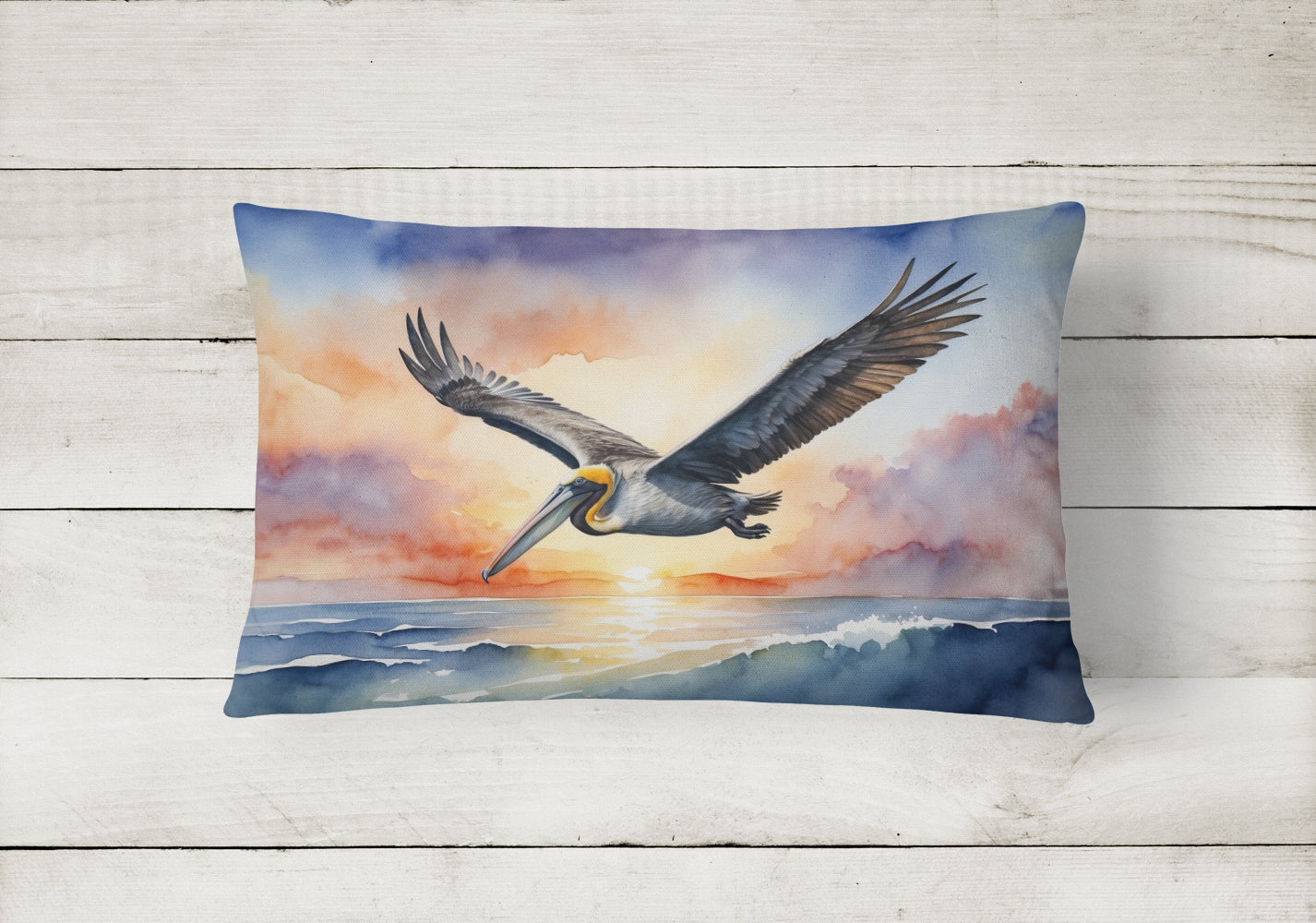 Pelican Sunset Flight Ocean Watercolor Decorative Throw Pillow 12x16 Indoor Outdoor Accent Cushion, Fabric Cover with Insert for Sofa, Bed, Porch & Living Room