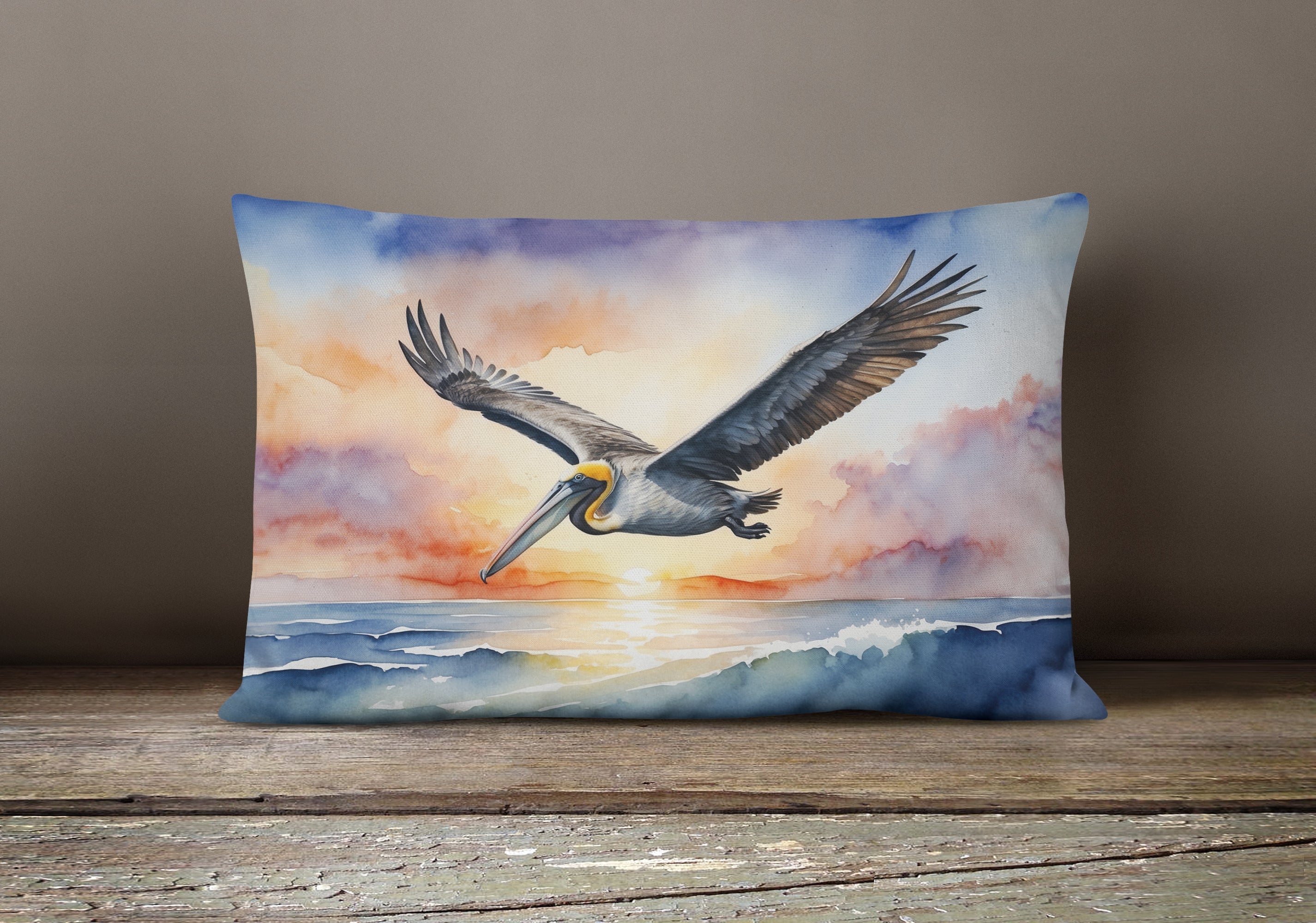 Pelican Sunset Flight Ocean Watercolor Decorative Throw Pillow 12x16 Indoor Outdoor Accent Cushion, Fabric Cover with Insert for Sofa, Bed, Porch & Living Room