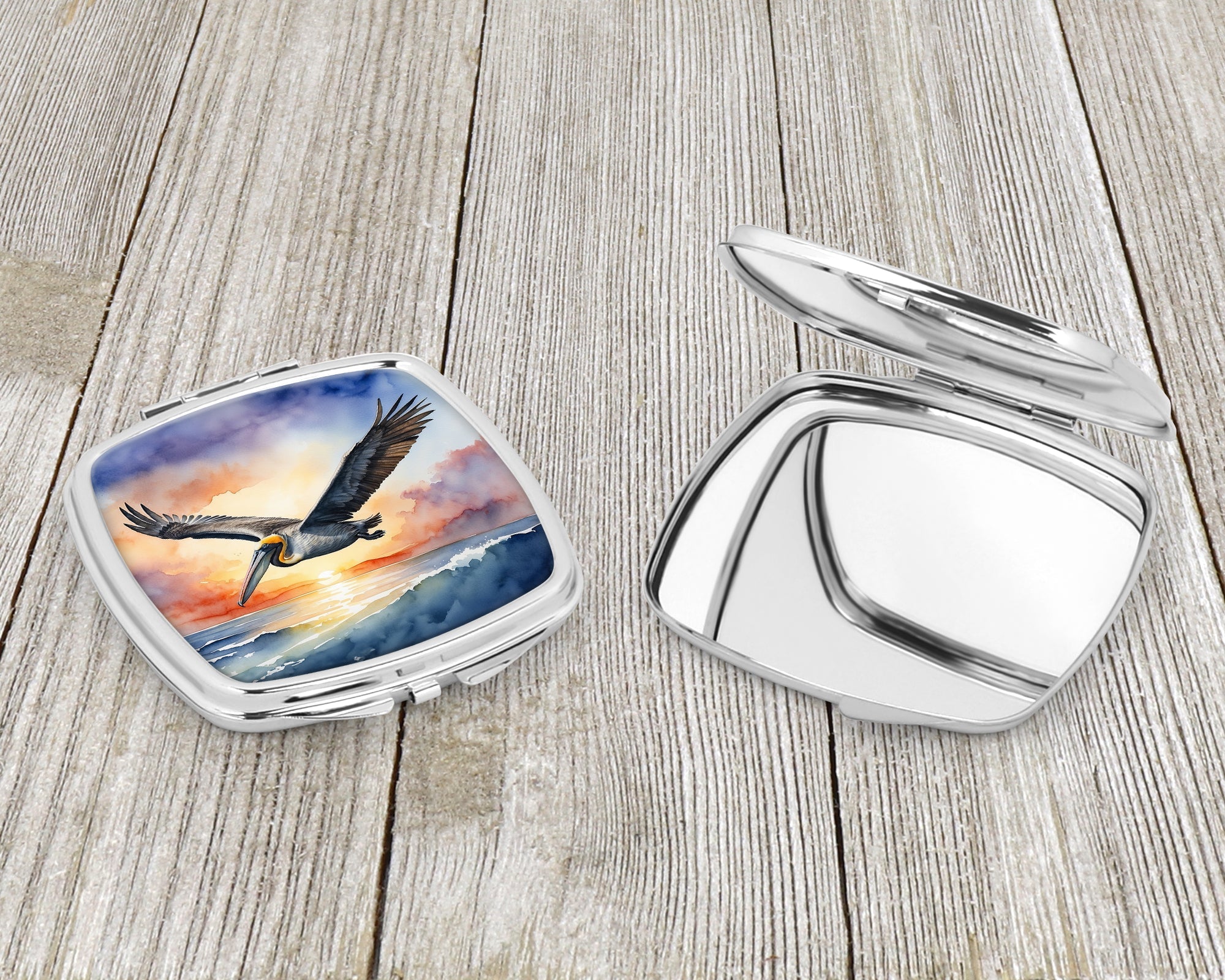 Pelican Sunset Flight Ocean Watercolor Compact Mirror Decorative Travel Makeup Mirror for Women Girls Gifts Pocket Makeup Mirror Folding Handheld
