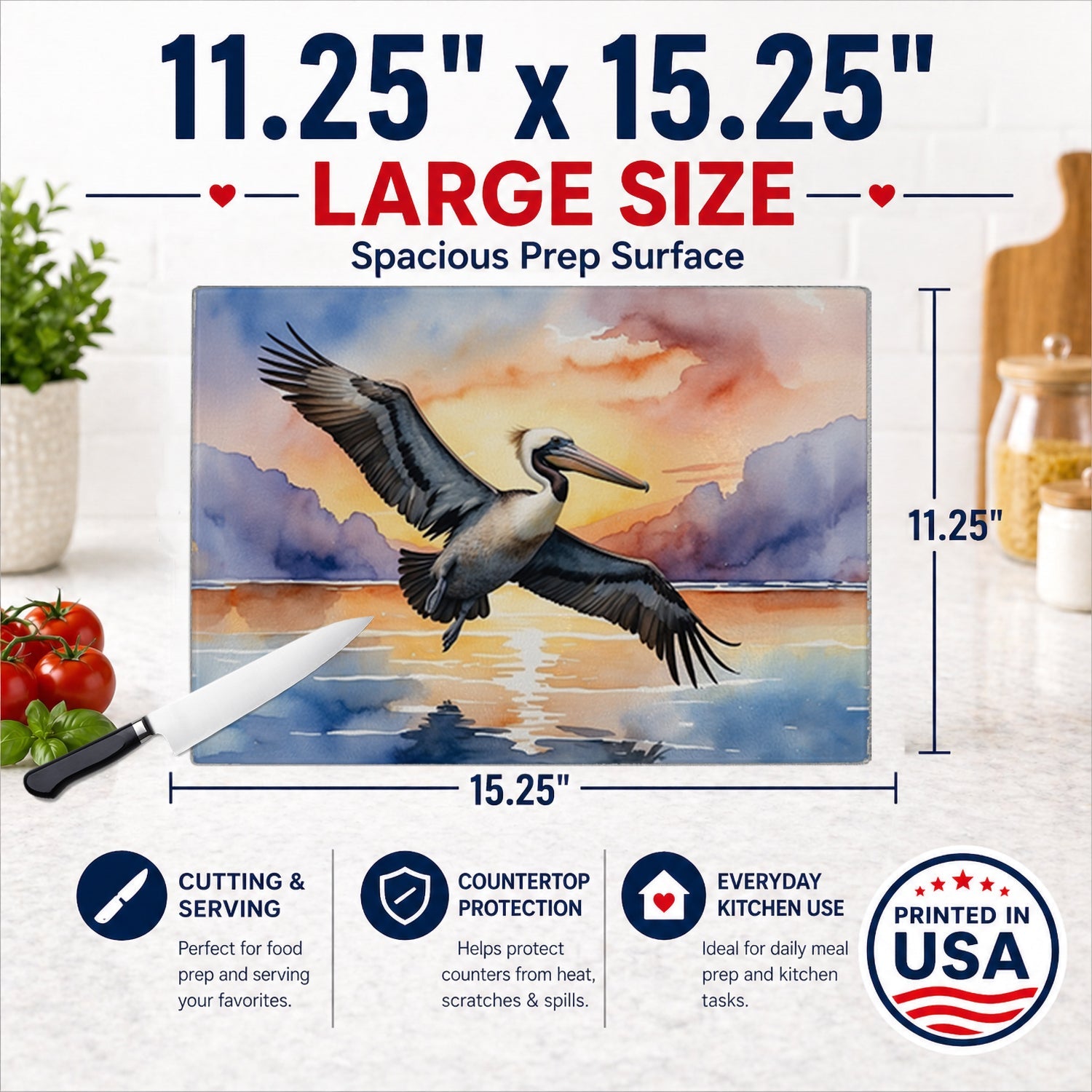 Pelican Flying Over Ocean Sunset Watercolor Cutting Board Tempered Glass Kitchen Cutting Surface, Heat Resistant Chopping, Non-Slip Feet, Food Prep & Serving