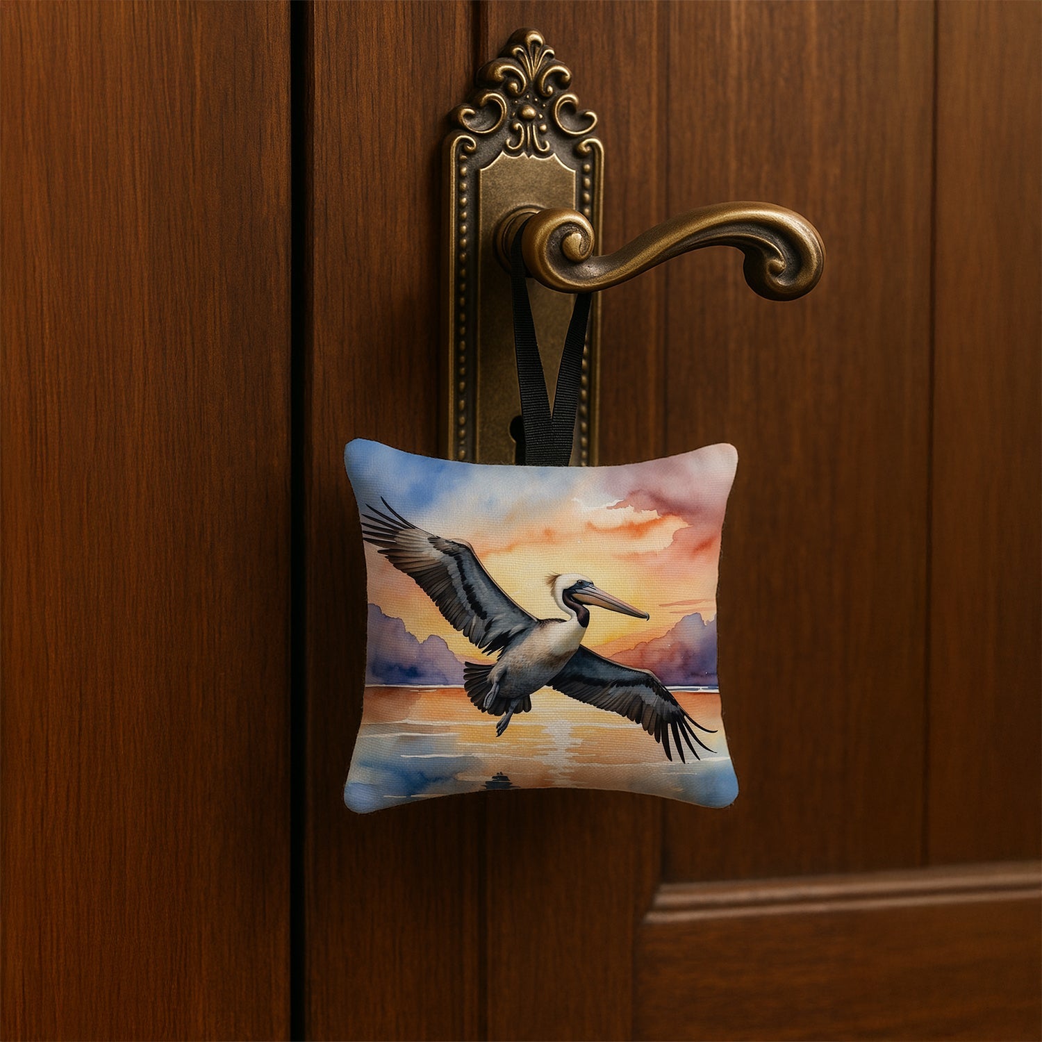 Pelican Flying Over Ocean Sunset Watercolor Hanging Square Fabric Ornament 3.5 × 3.5 Decorative Door-Knob & Tree Hanger, Soft Fabric