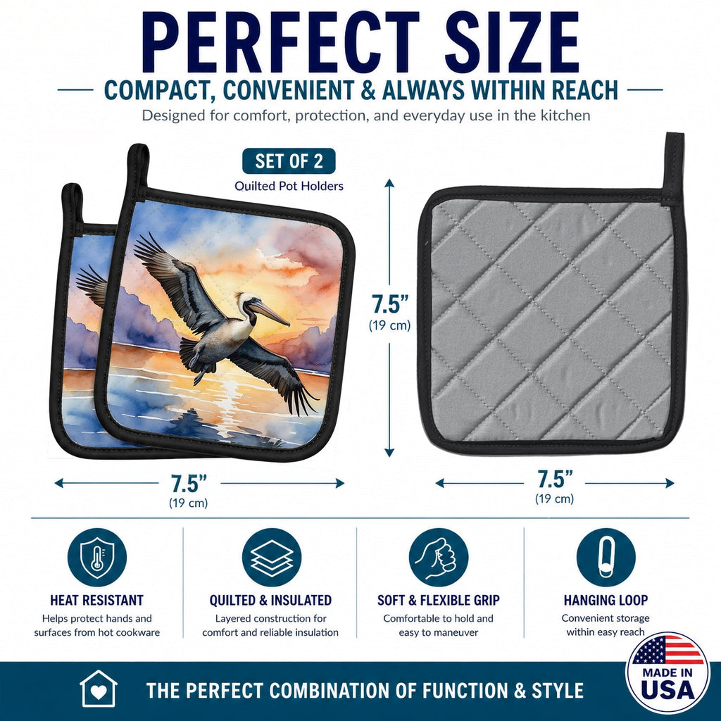 Pelican Flying Over Ocean Sunset Watercolor Pot Holder Set of 2 Heat Resistant Quilted Hot Pads 7.5 x 7.5 Inch, Insulated Kitchen Trivets for Cooking & Baking