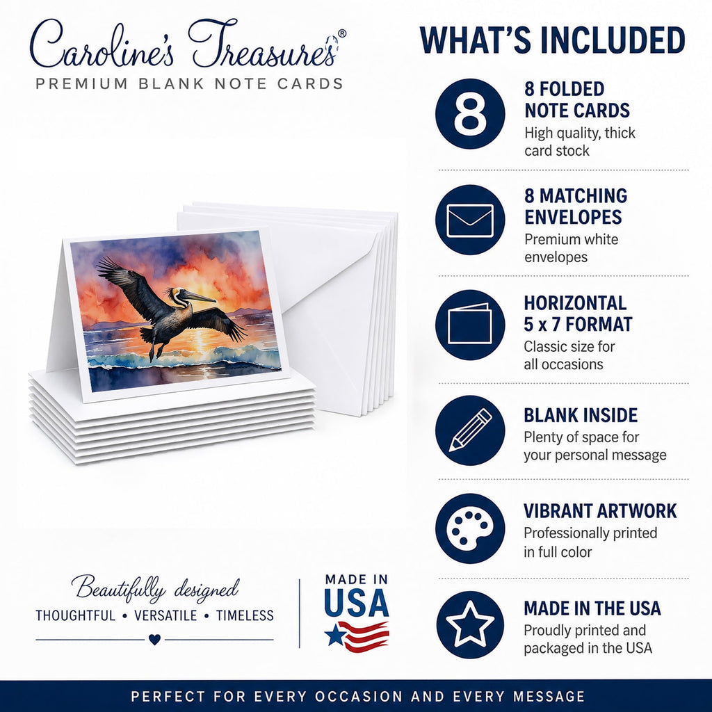 Pelican Coastal Sunset Flight Watercolor Greeting Cards Pack of 8 Blank Cards with Envelopes Whimsical A7 Size 5x7