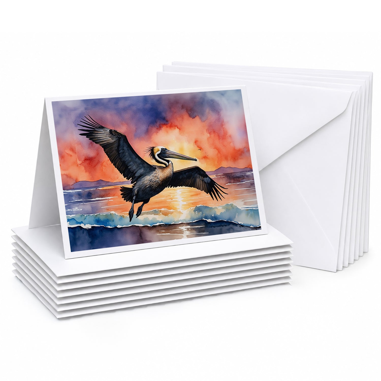 Pelican Coastal Sunset Flight Watercolor Greeting Cards Pack of 8 Blank Cards with Envelopes Whimsical A7 Size 5x7