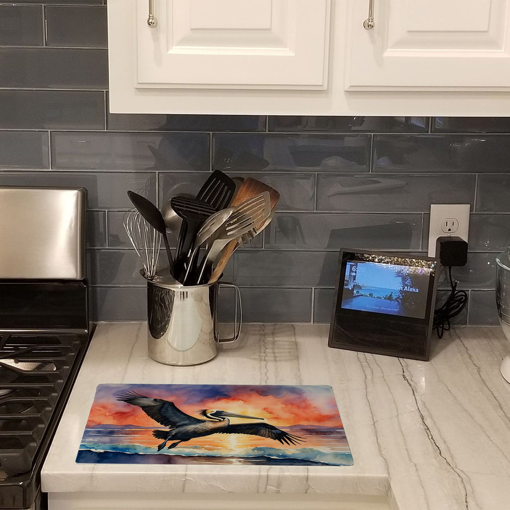 Pelican Coastal Sunset Flight Watercolor Cutting Board Tempered Glass Kitchen Cutting Surface, Heat Resistant Chopping, Non-Slip Feet, Food Prep & Serving